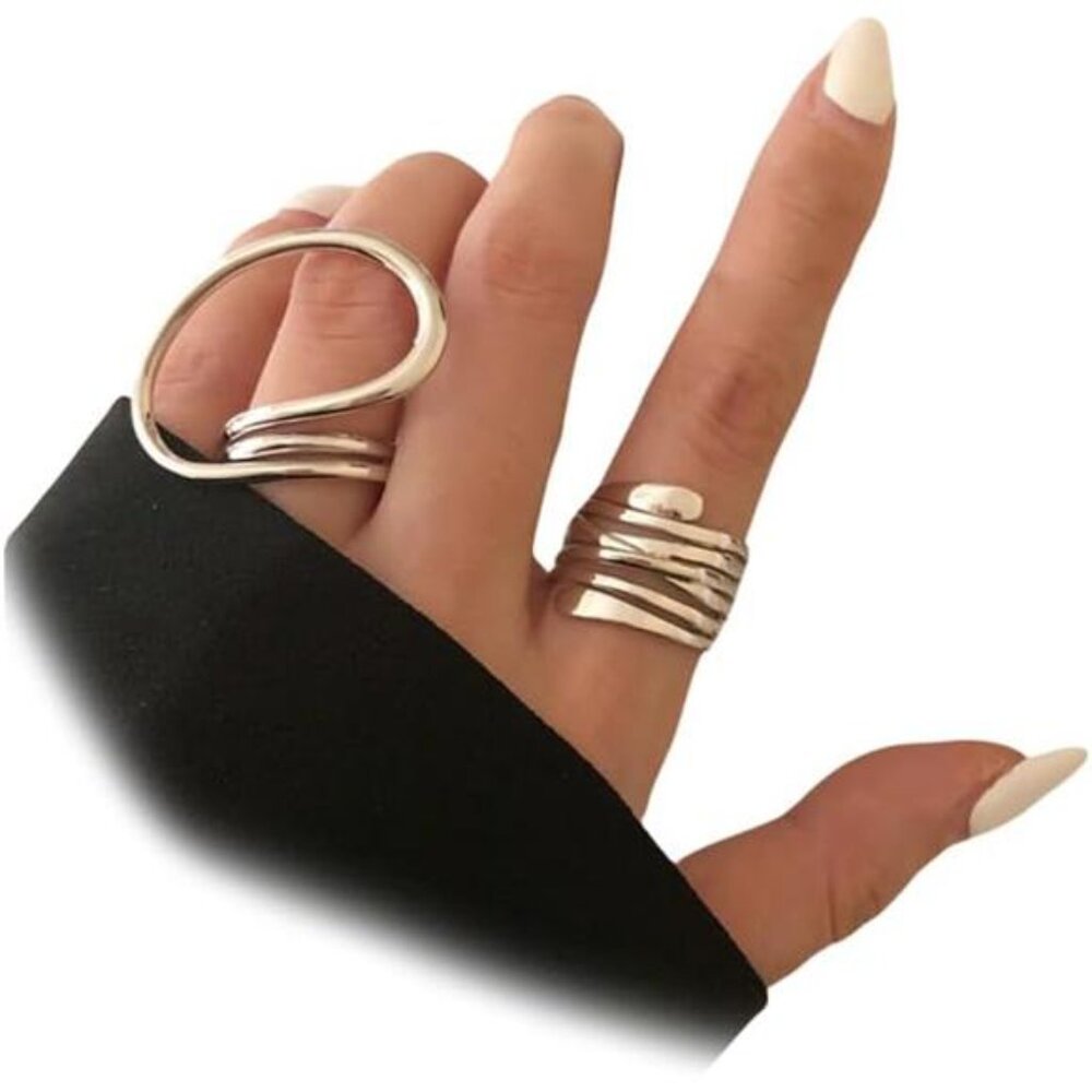 Edgy Geometric Knuckle Rings – Chunky Gold Statement Adjustable 2-Piece Set